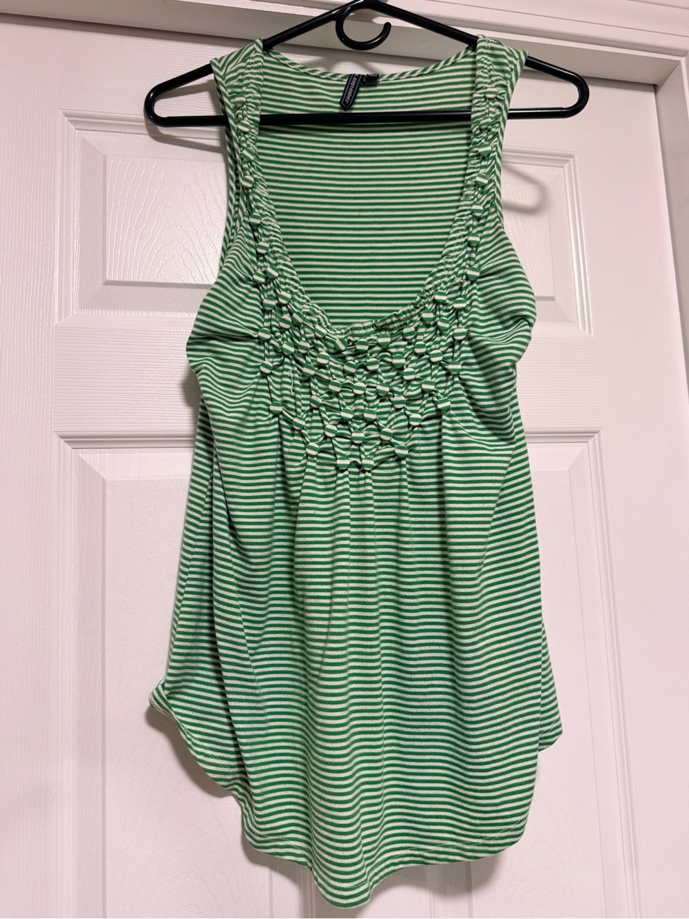 Sleeveless Green Striped Tank Top with Smocked Yoke